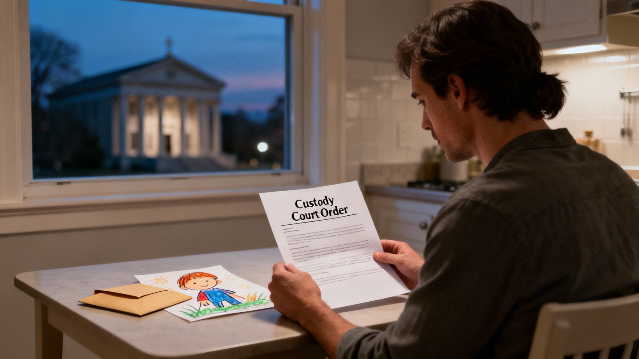 A man reads a custody court order document at a table with a child's drawing and an envelope.