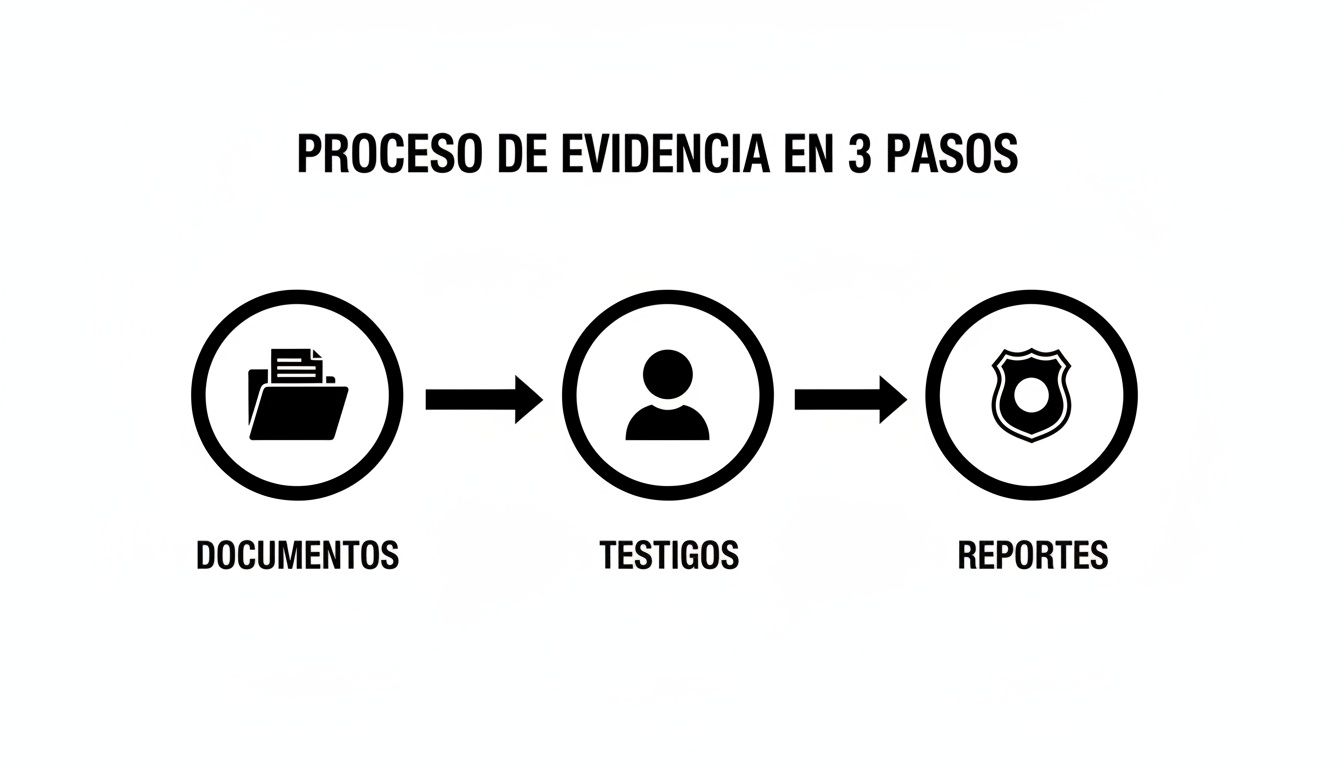 Diagrama del proceso de evidencia en 3 pasos: documentos, testigos y reportes en un flujo claro.