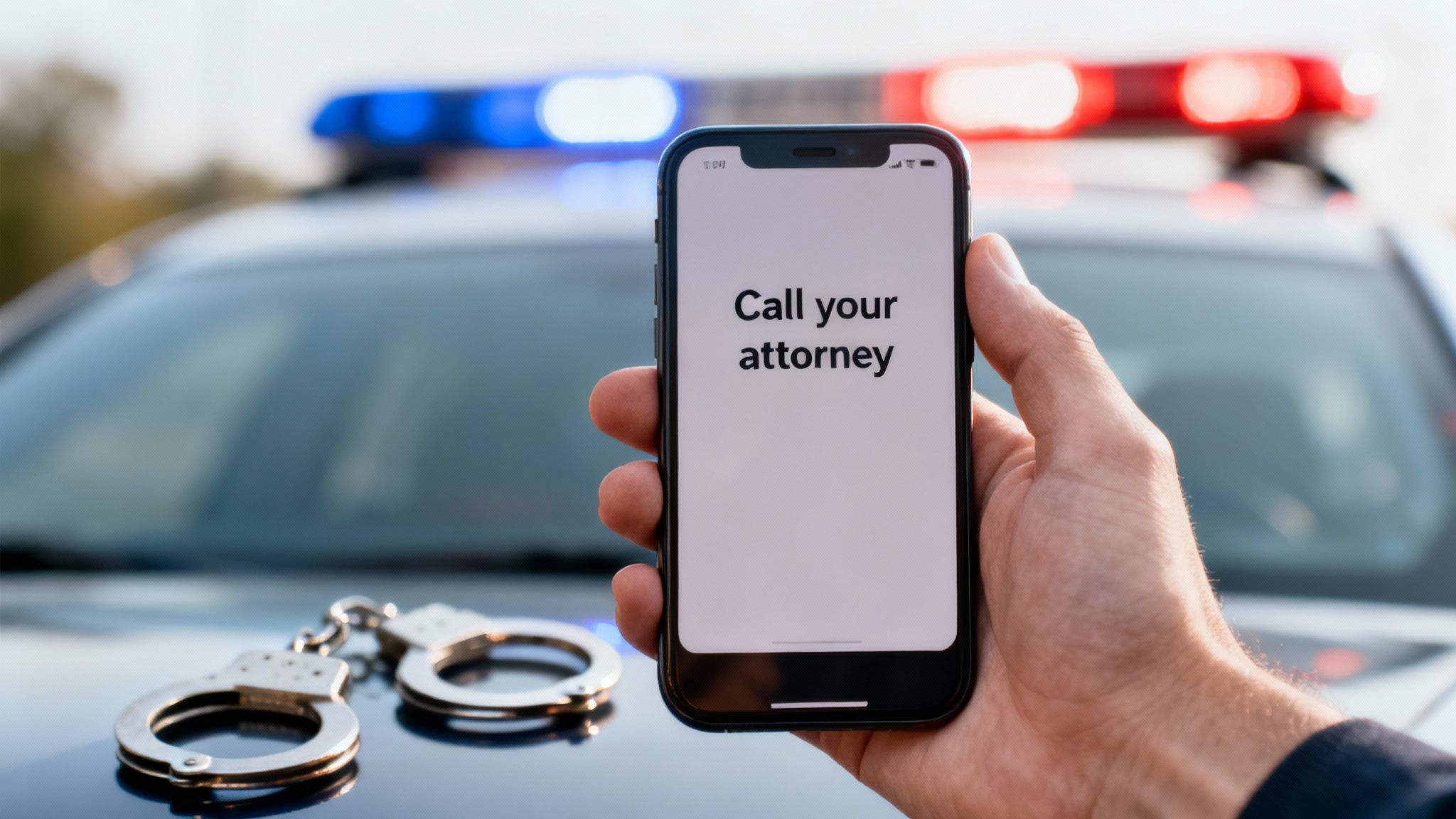 Hand holding smartphone displaying "Call your attorney" with police car and handcuffs in the background, emphasizing the importance of legal representation after an arrest for robbery or theft in Texas.