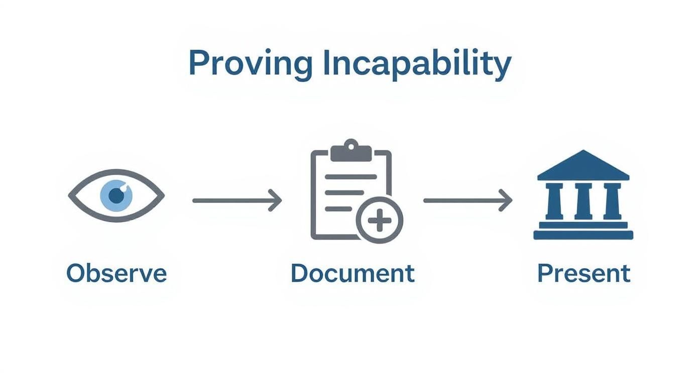 An infographic showing the three steps to prove incapacity: Observe, Document, and Present.
