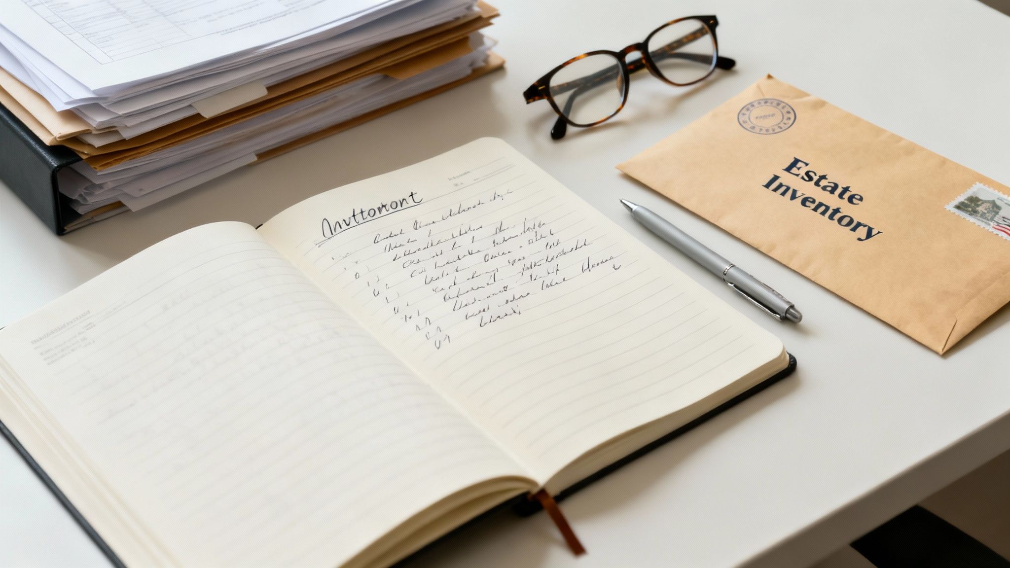 A desk with estate inventory documents, a notebook, pen, and eyeglasses, suggesting legal planning.