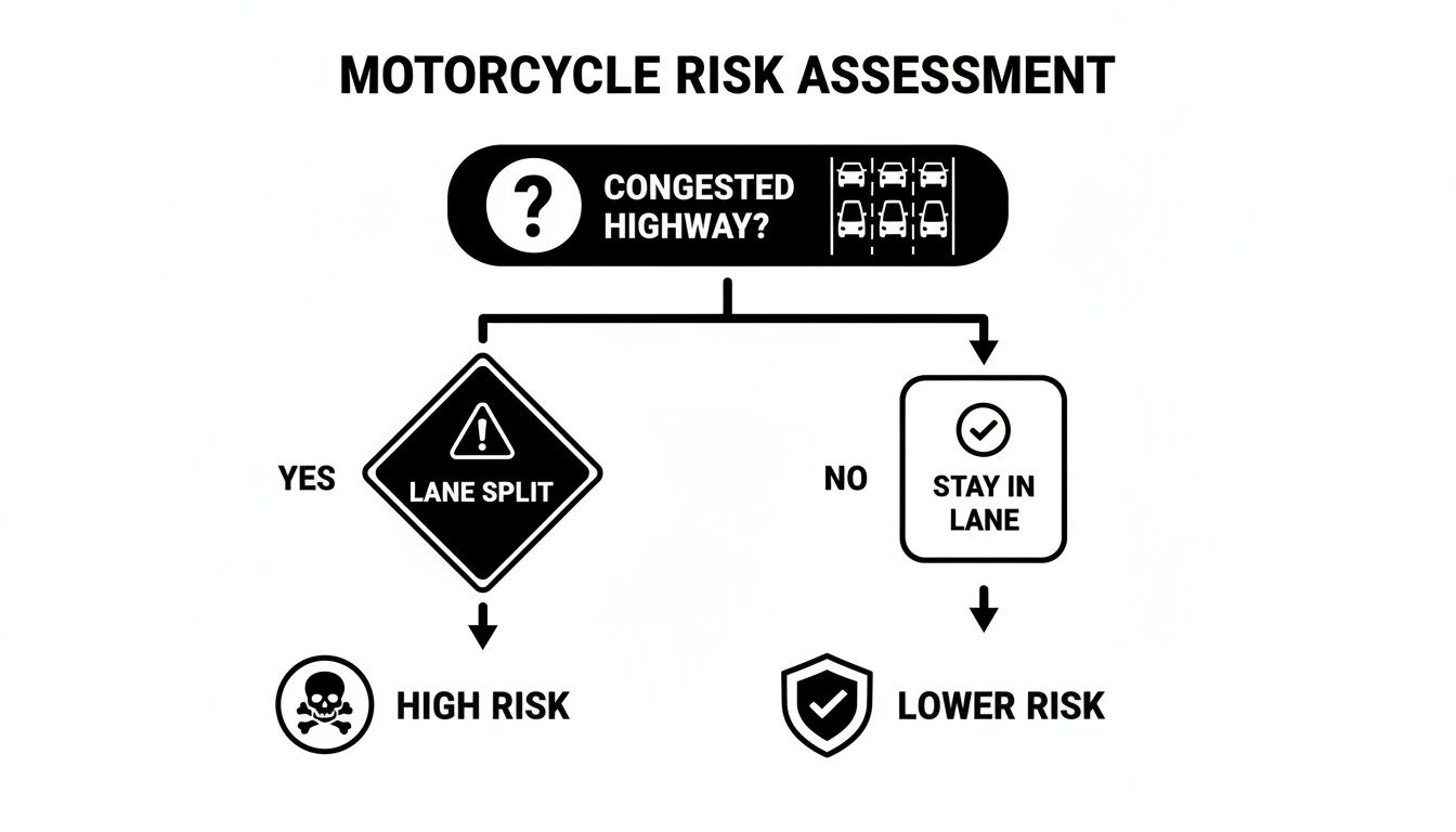 Motorcycle risk assessment flowchart: lane splitting in congested highways is high risk, staying in lane is lower risk.
