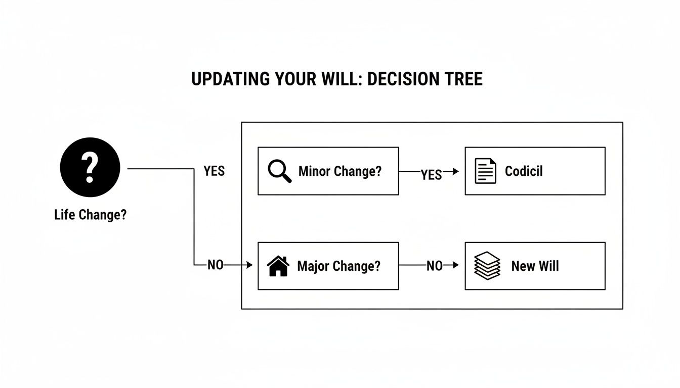 A decision tree diagram illustrating the process of updating a will based on life changes.