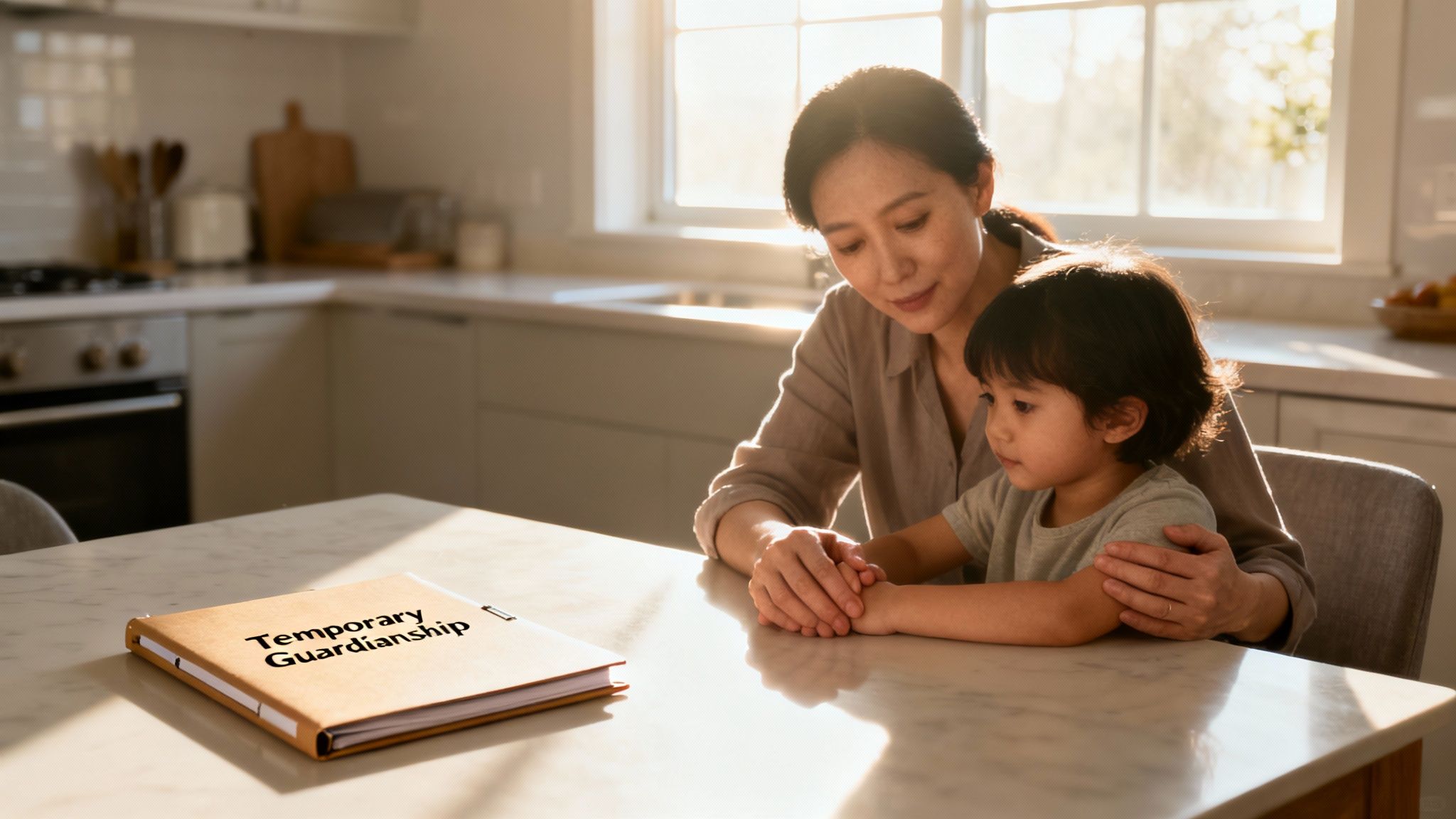 A family smiling and embracing each other in a warm, loving moment.