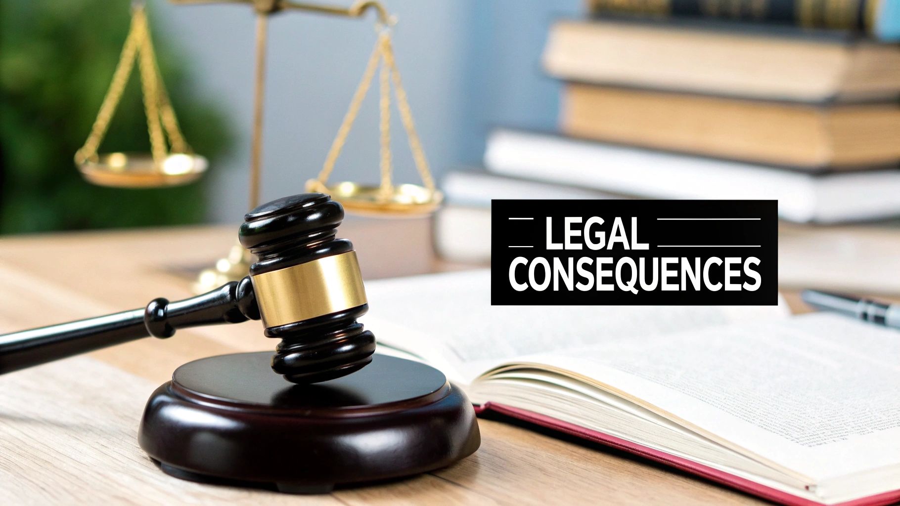 A judge's gavel resting on a law book, symbolizing legal consequences.