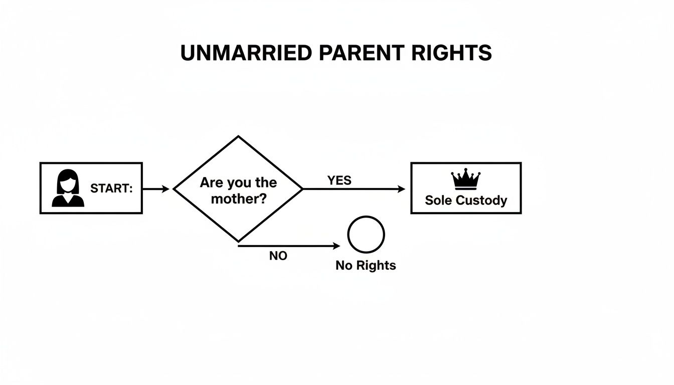 Flowchart illustrating Texas custody laws for unmarried parents, showing the legal rights of mothers versus fathers, with the mother receiving sole custody and fathers having no rights by default.