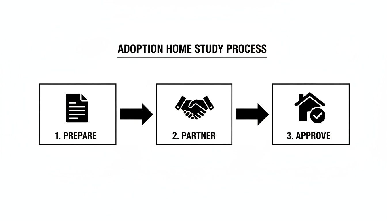 A diagram illustrates the three-step adoption home study process: Prepare, Partner, and Approve, with icons.