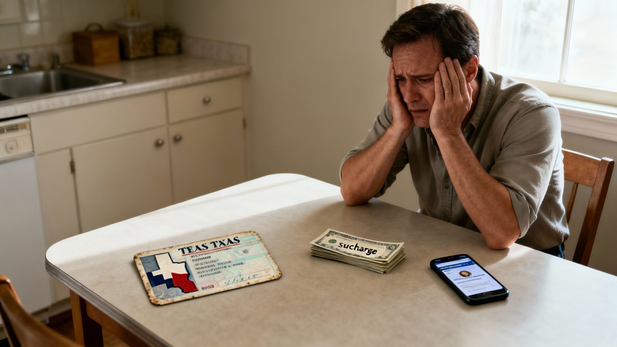 Man looking stressed at a kitchen table with Texas driver's license, cash labeled "surcharge," and smartphone, reflecting the financial burden of Texas DWI surcharge payments.