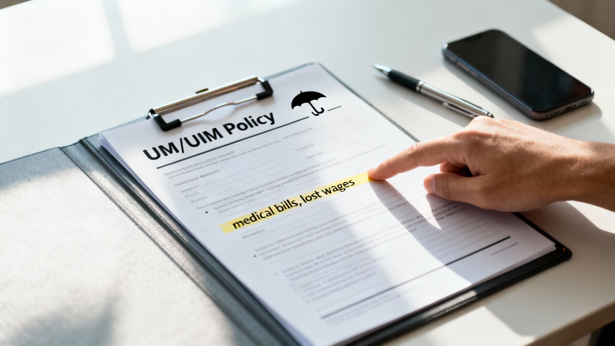 A hand points to a UM/UIM insurance policy document, highlighting 'medical bills, lost wages'.
