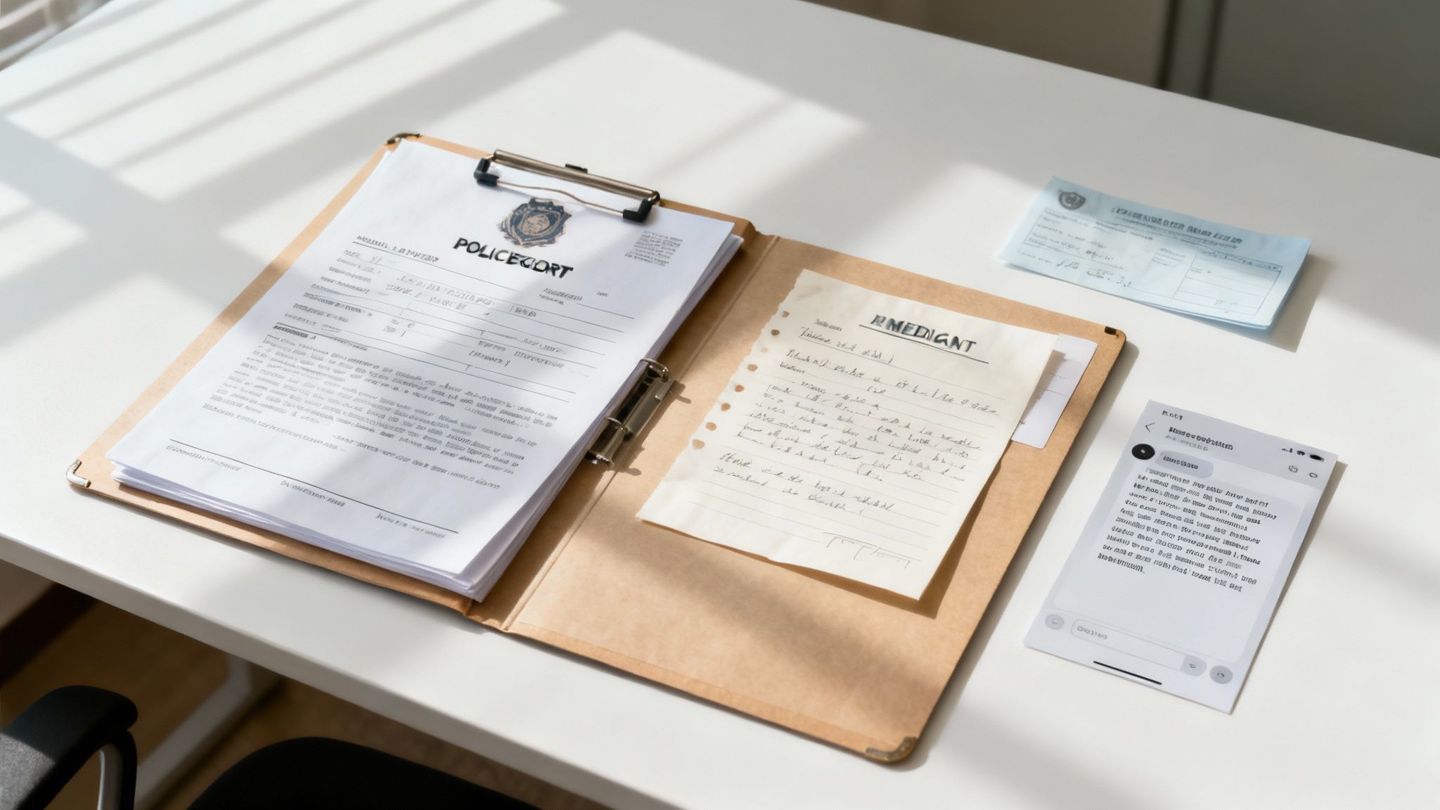 A close-up of a person carefully organizing legal documents, photos, and digital messages on a desk.
