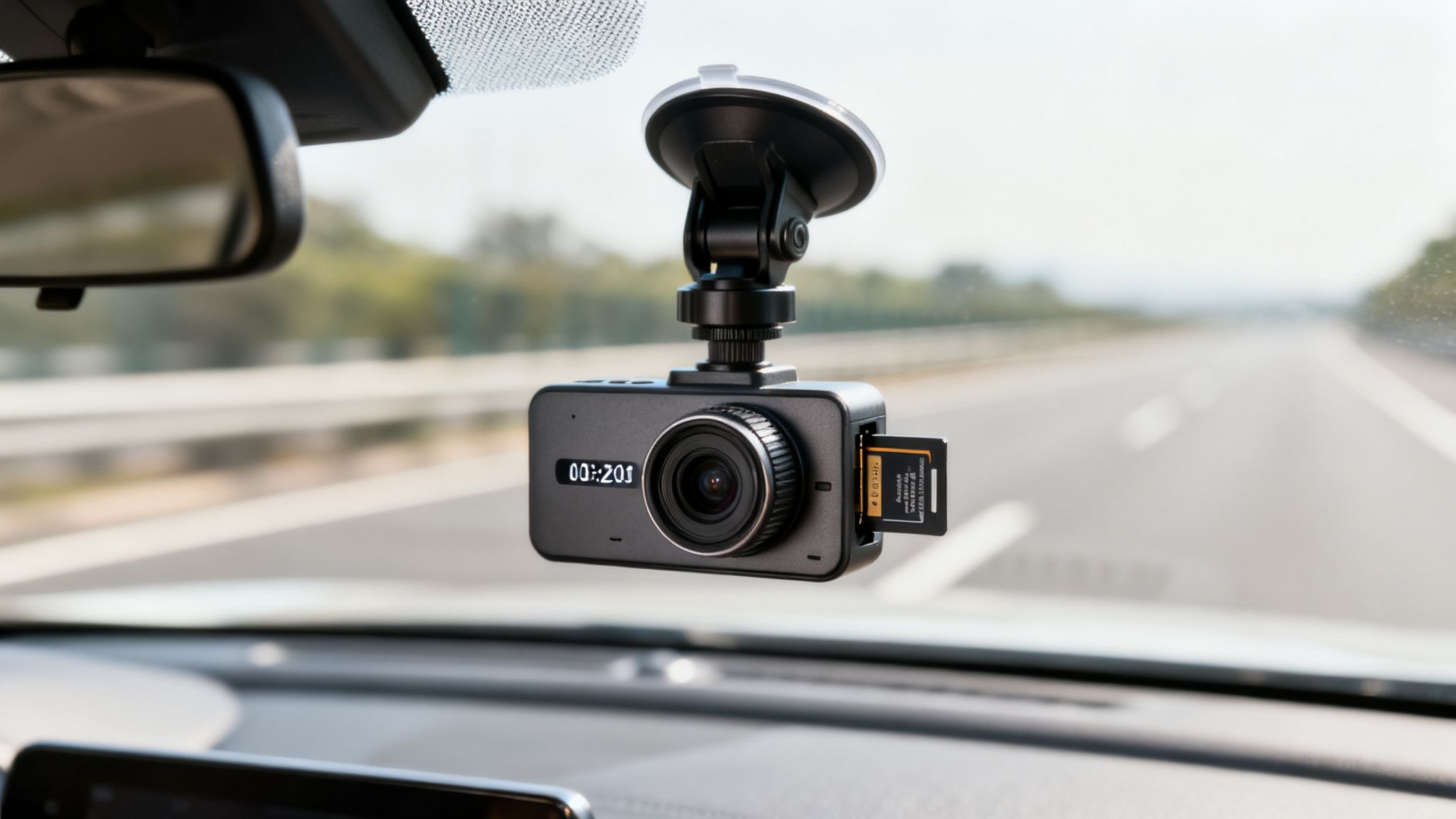 A dash cam mounted on a car windshield records a highway road, with a memory card inserted.