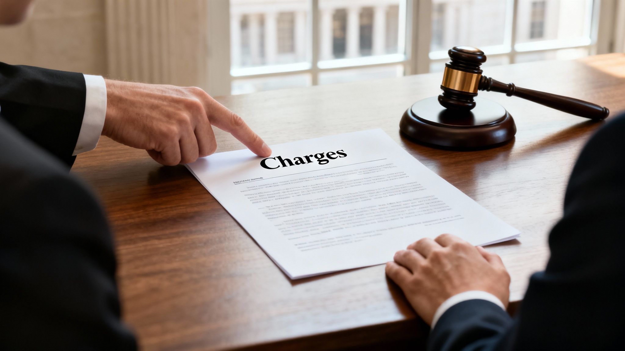 Person pointing at a document titled "Charges" during a legal consultation, with a gavel on the table, emphasizing the importance of understanding criminal charges in Texas.