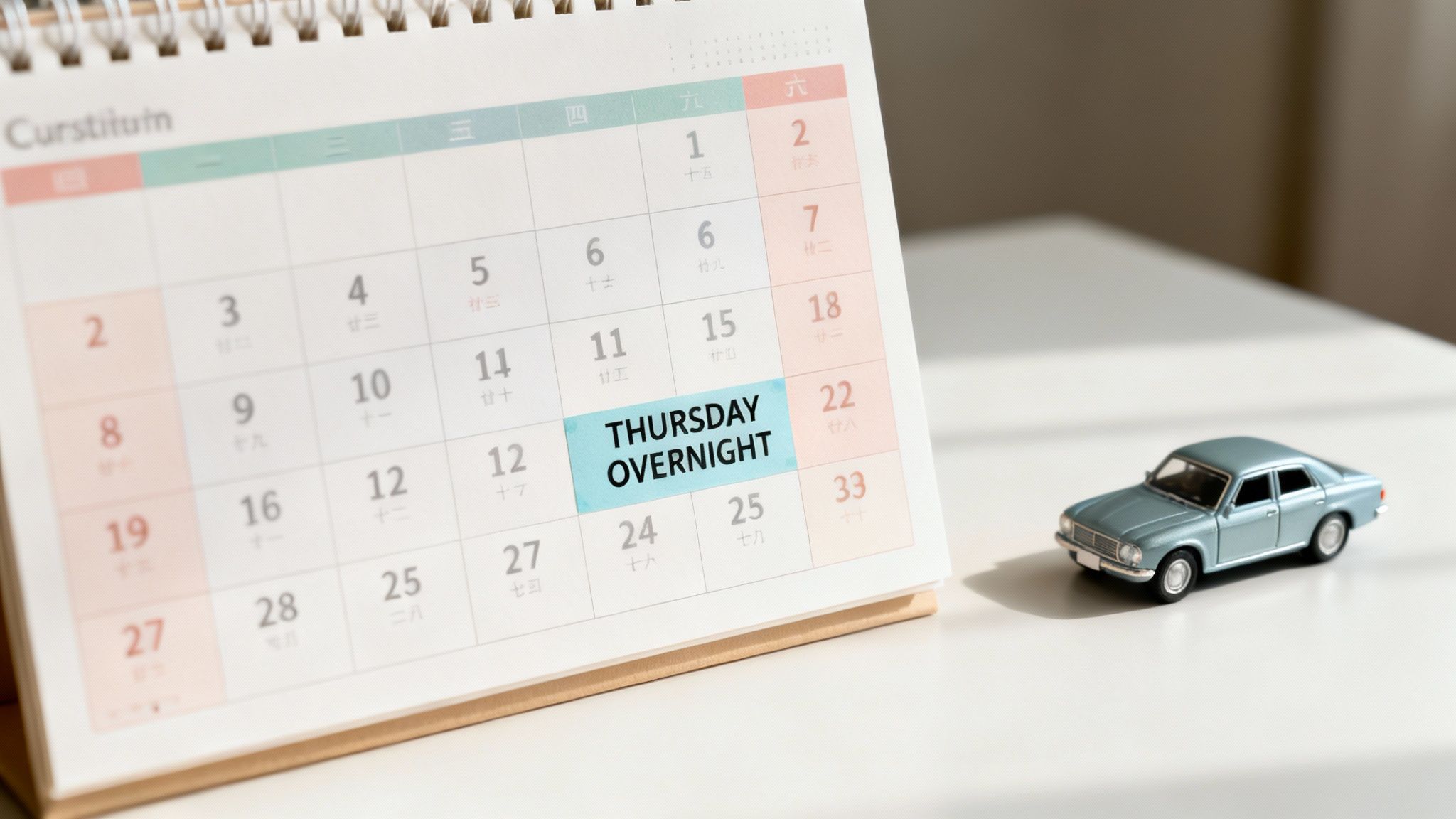 A desk calendar highlights 'THURSDAY OVERNIGHT' in blue, positioned next to a small blue toy car on a white surface.