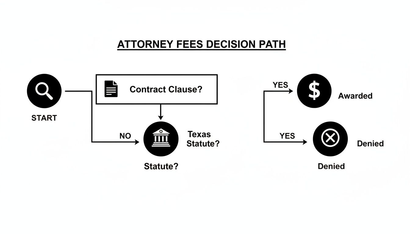 Flowchart illustrating the decision path for attorney fees, based on contract clauses or Texas statutes.
