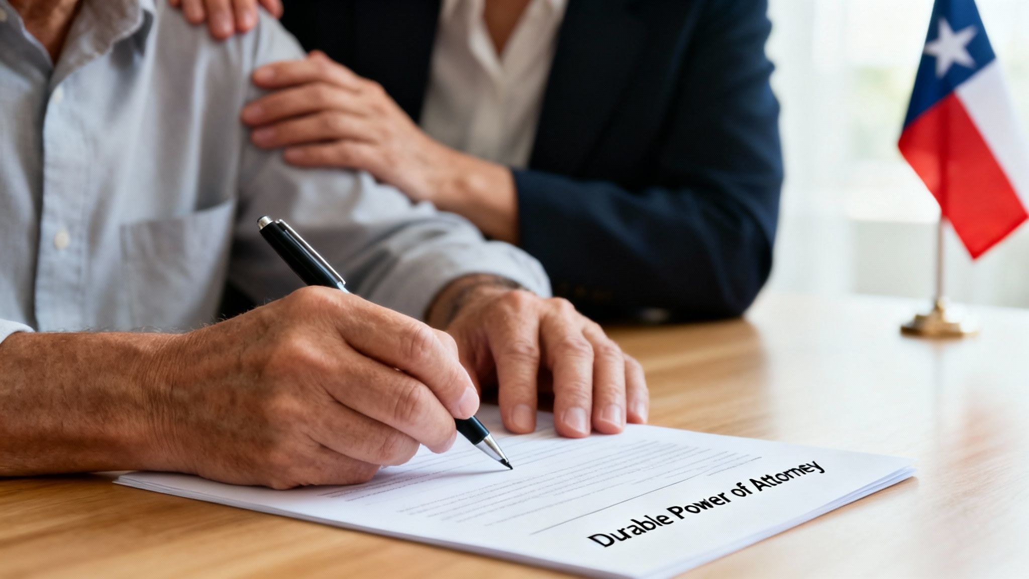 Person signing durable power of attorney document with witness present and Texas flag
