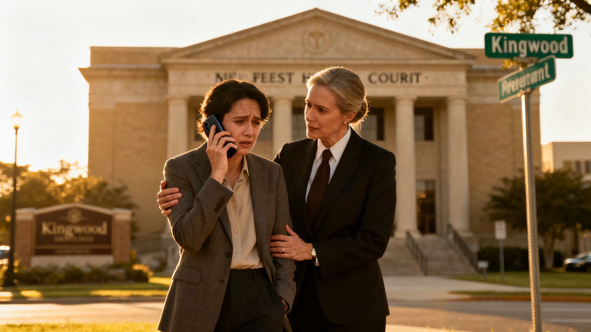 Two women outside a courthouse, one crying on the phone while being comforted by another.