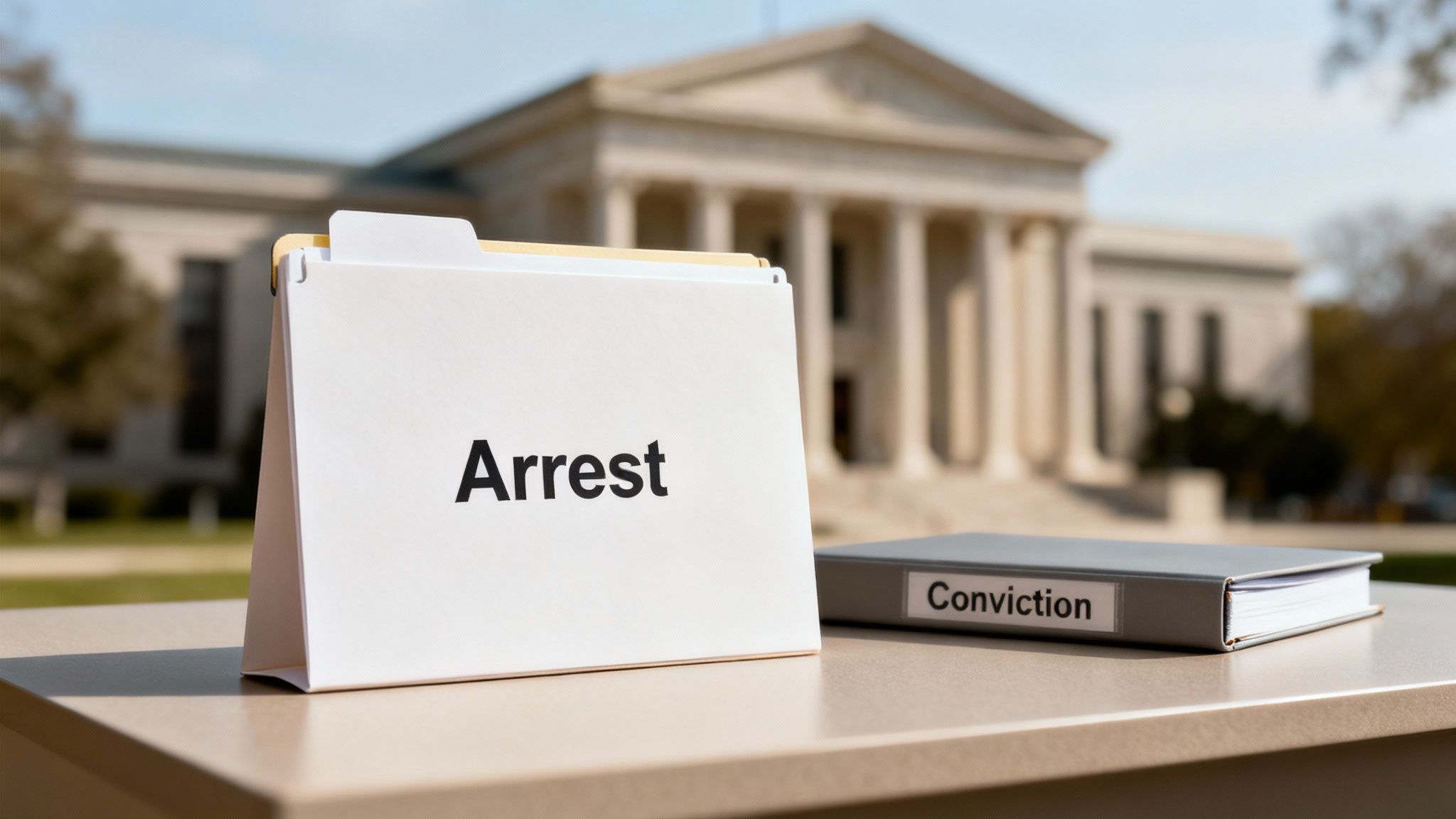 Document labeled "Arrest" in front of a courthouse, alongside a binder labeled "Conviction," illustrating the distinction between DWI arrest and conviction in Texas legal context.