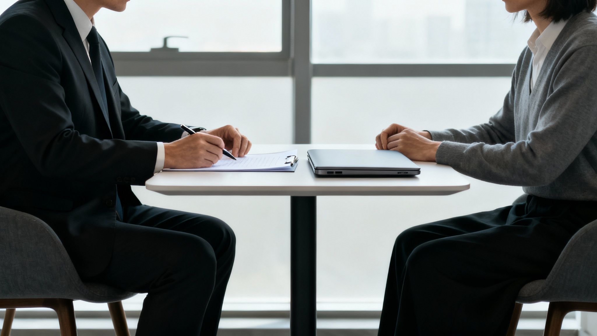A person sitting across from an attorney at a desk, reviewing documents.