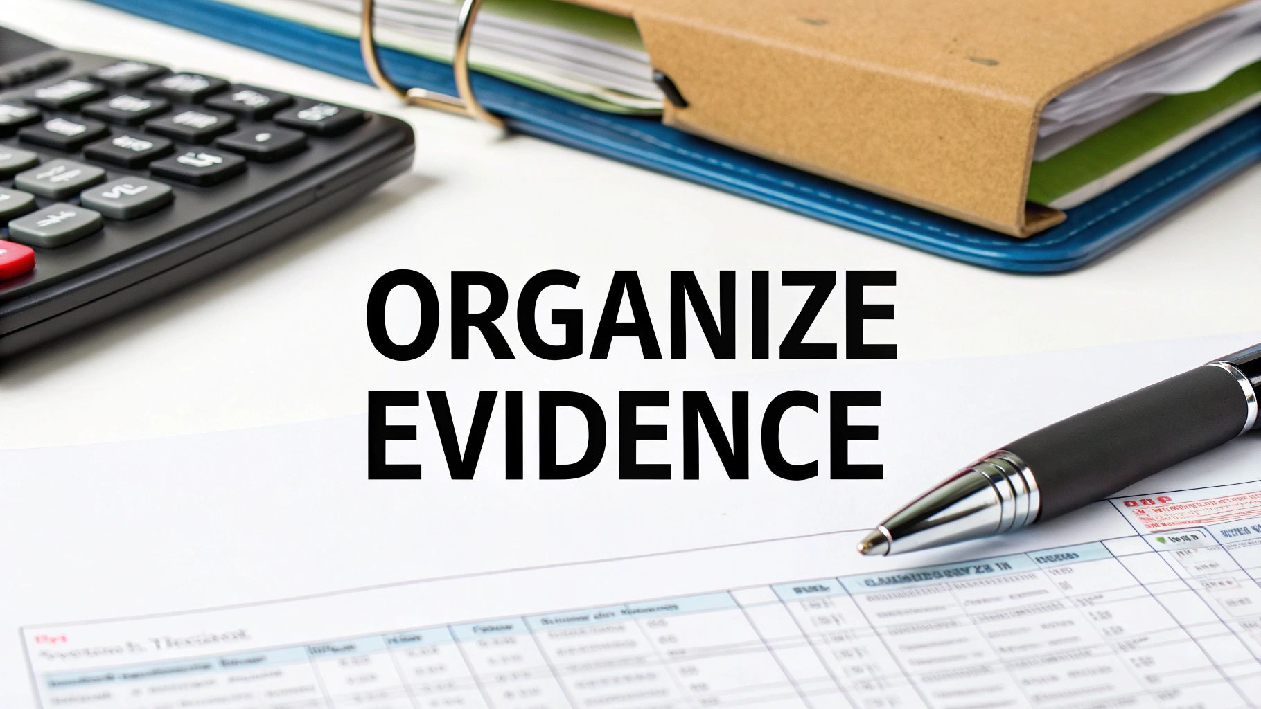 A desk setup with a calculator, a binder, a pen, and a document clearly stating 'ORGANIZE EVIDENCE'.