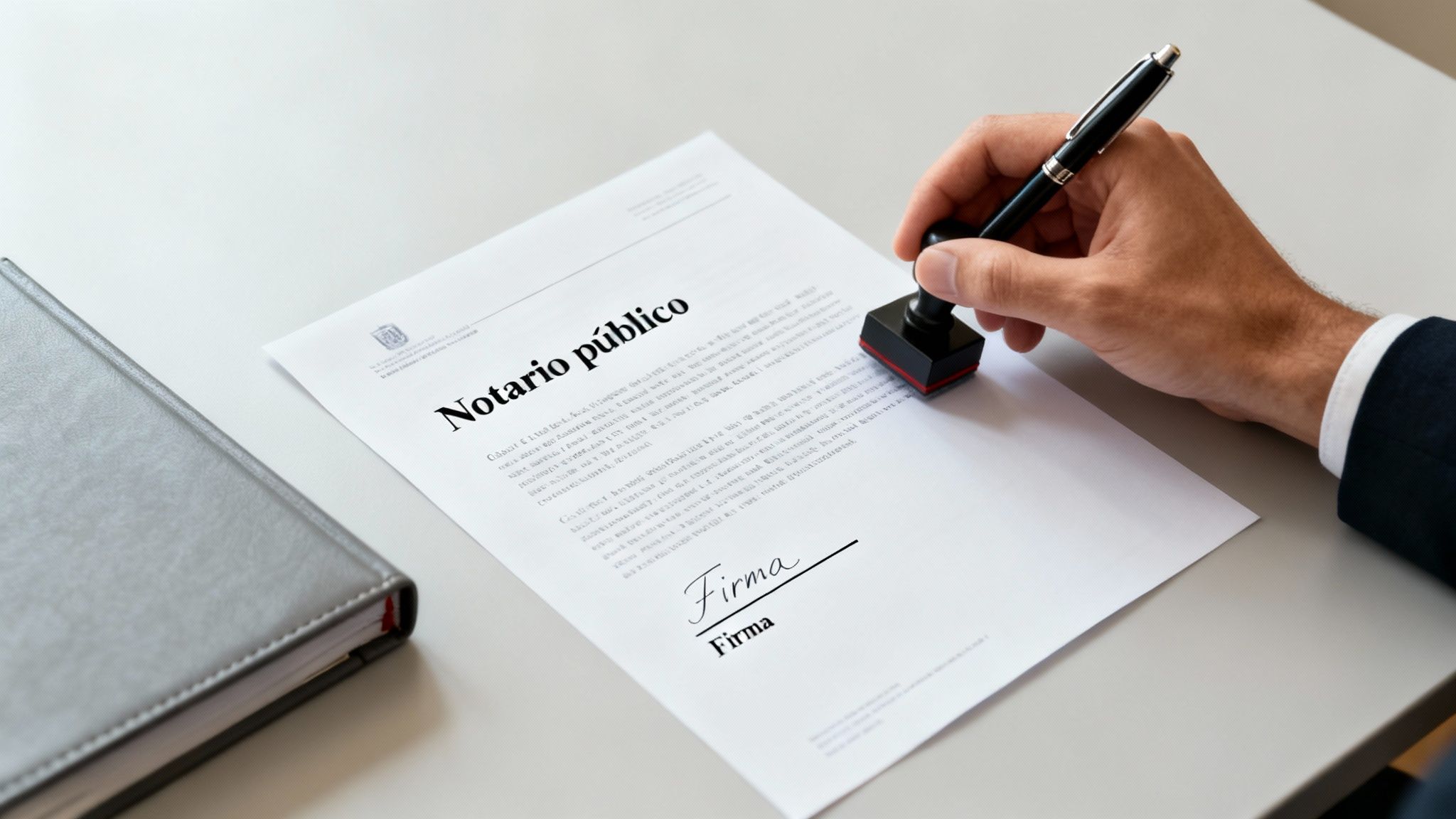Mano de notario público sellando un documento legal importante en una oficina, junto a un cuaderno.