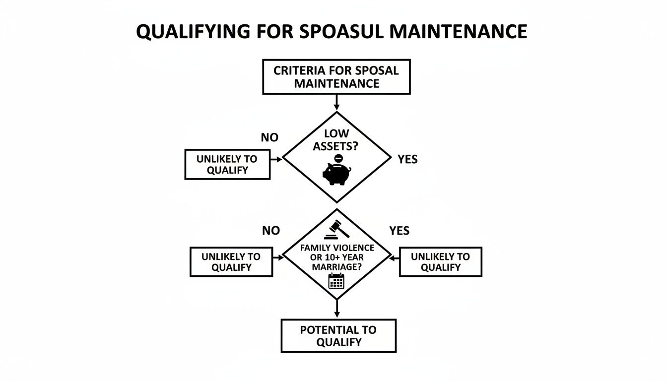 Flowchart detailing the criteria for qualifying for spousal maintenance, considering assets and marriage duration.