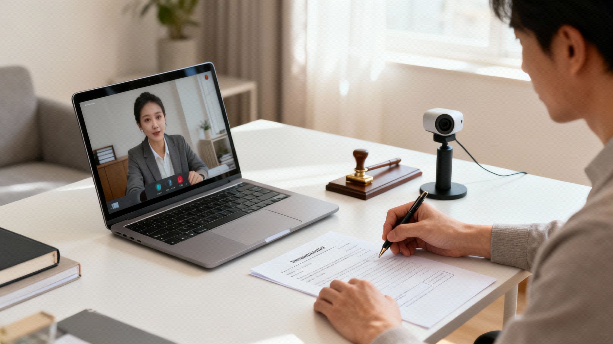 Hombre firmando documento durante videollamada con notaria pública, con mazo y cámara en el escritorio.