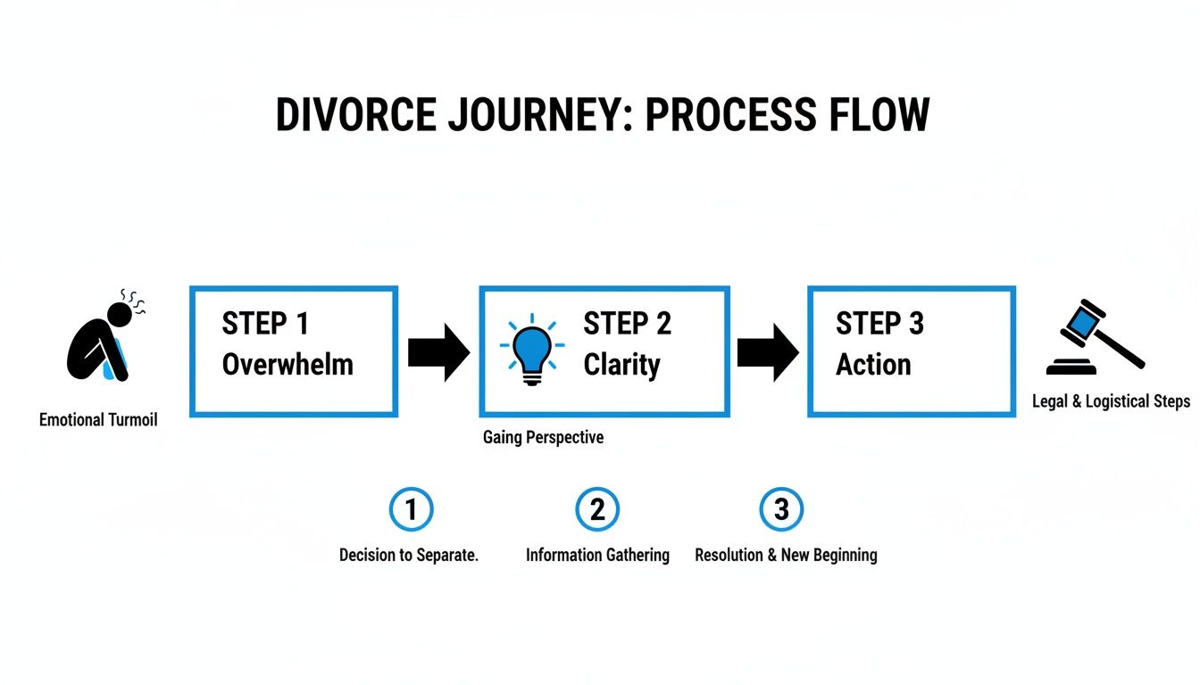 Divorce journey process flow, from emotional turmoil and overwhelm to clarity and legal action.
