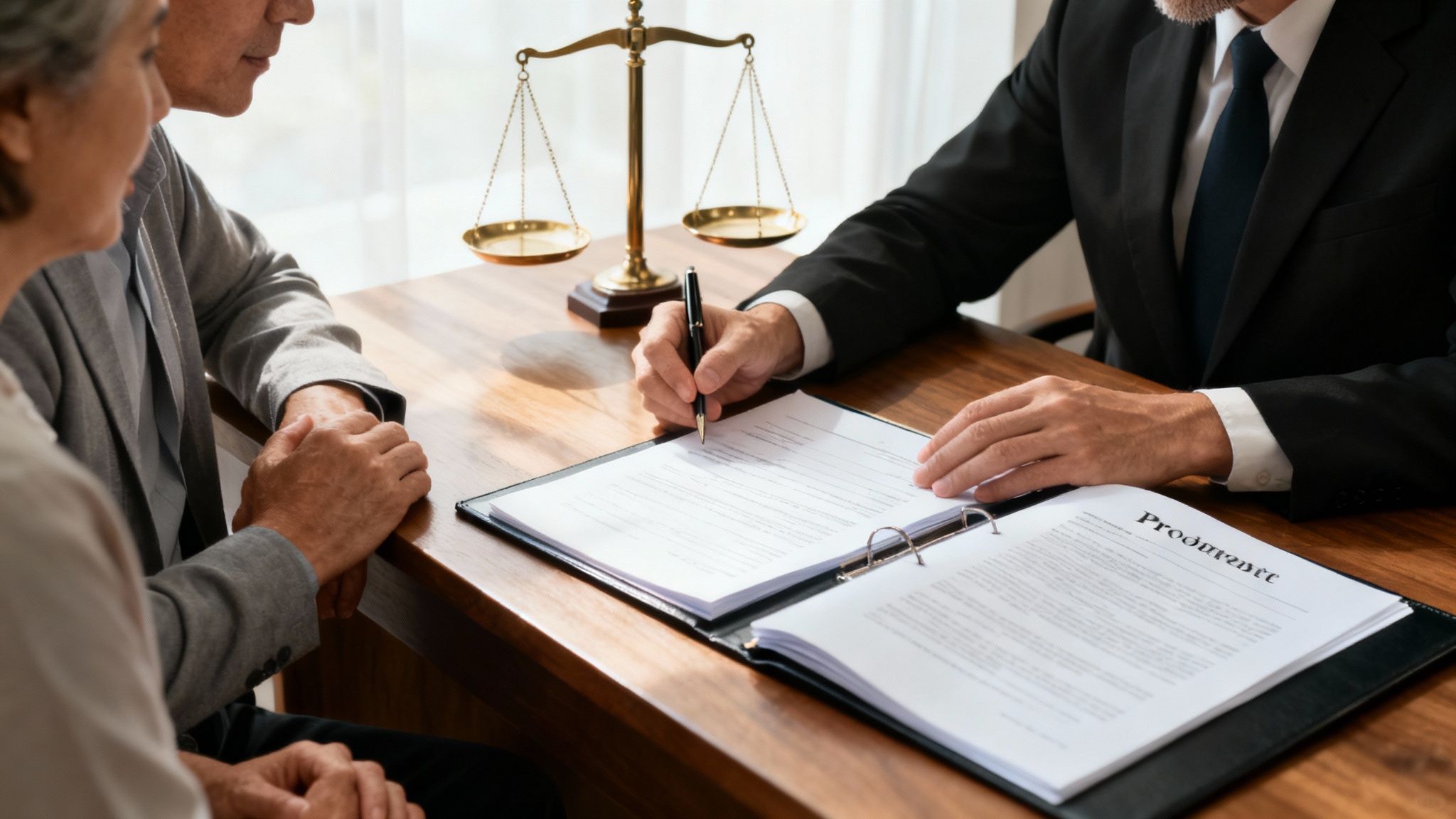 Lawyer reviewing legal documents with a client in an office