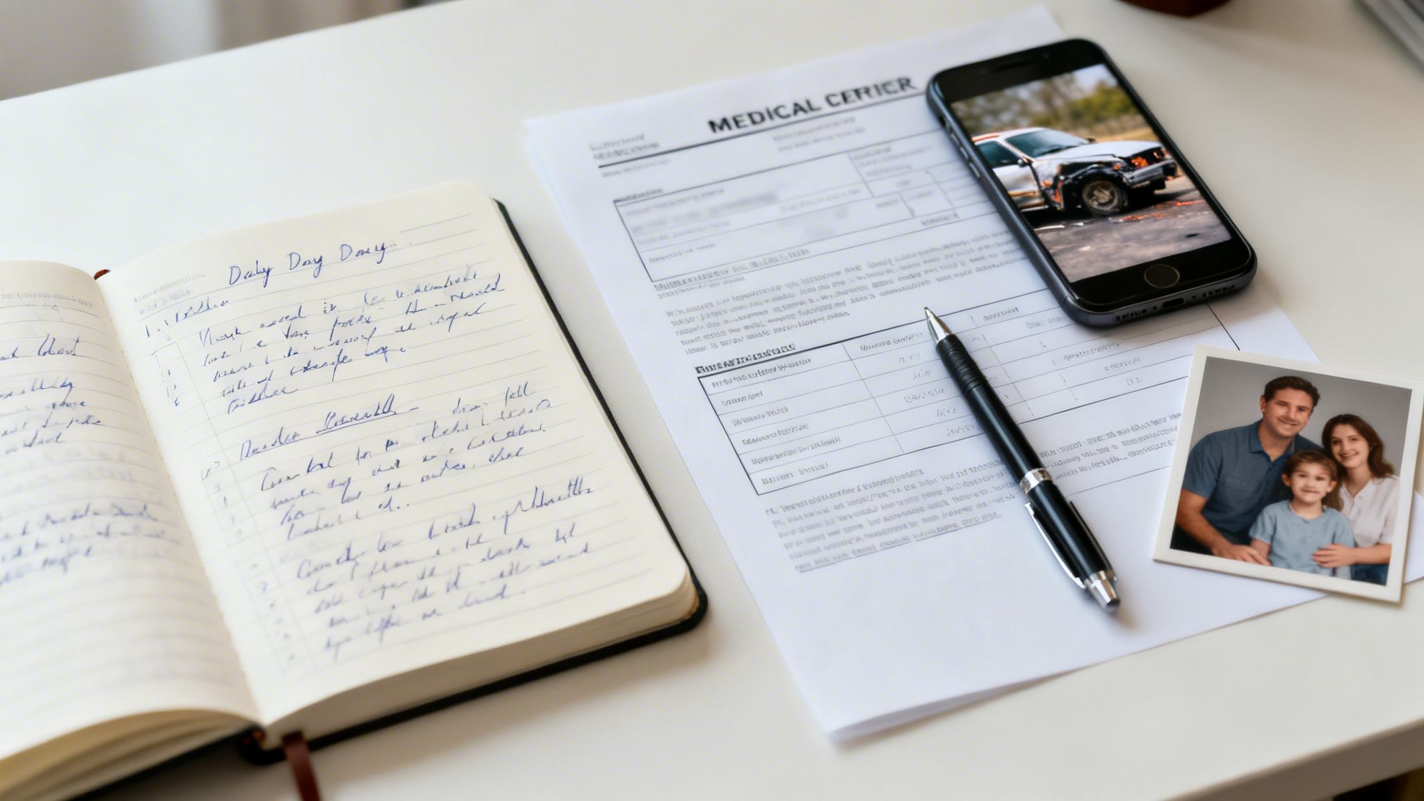 A desk with a notebook, medical forms, a smartphone displaying a car crash, and a family photo.