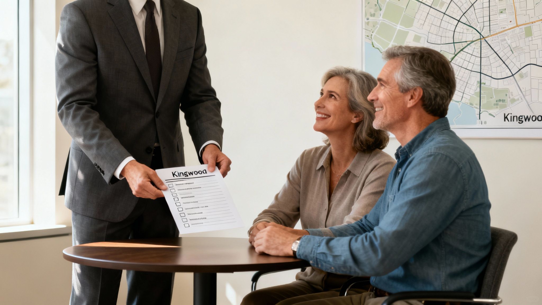 Local Kingwood attorney presenting probate checklist to a couple in a consultation setting, emphasizing personalized legal support for families navigating the probate process.