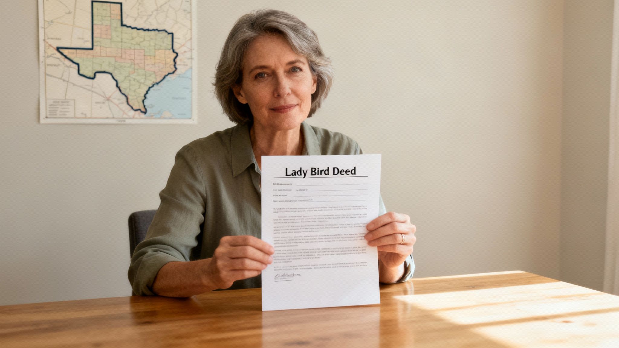 Texas woman holding a Lady Bird Deed document, symbolizing estate planning and property control, with a map of Texas in the background.