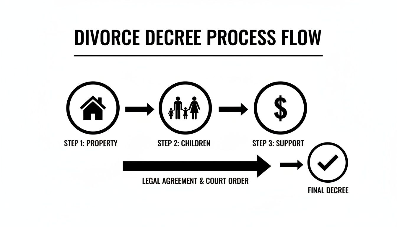 Flowchart illustrating the divorce decree process, covering property, children, support, and final decree.