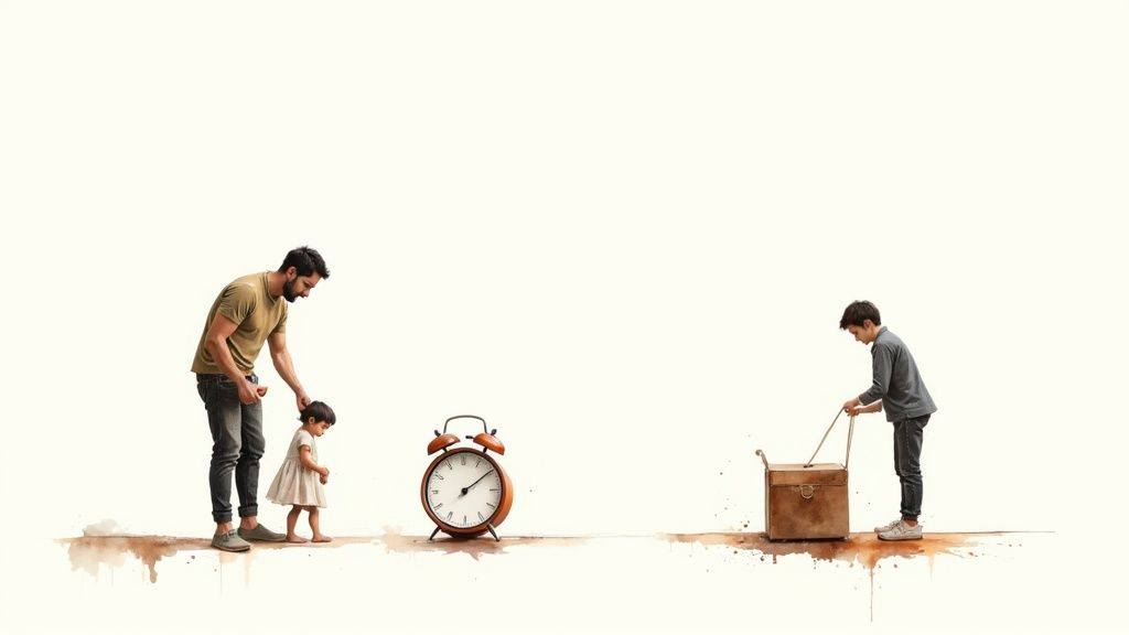 Father and young child beside large alarm clock, older boy opening wooden box, symbolizing time and family dynamics during custody transitions.