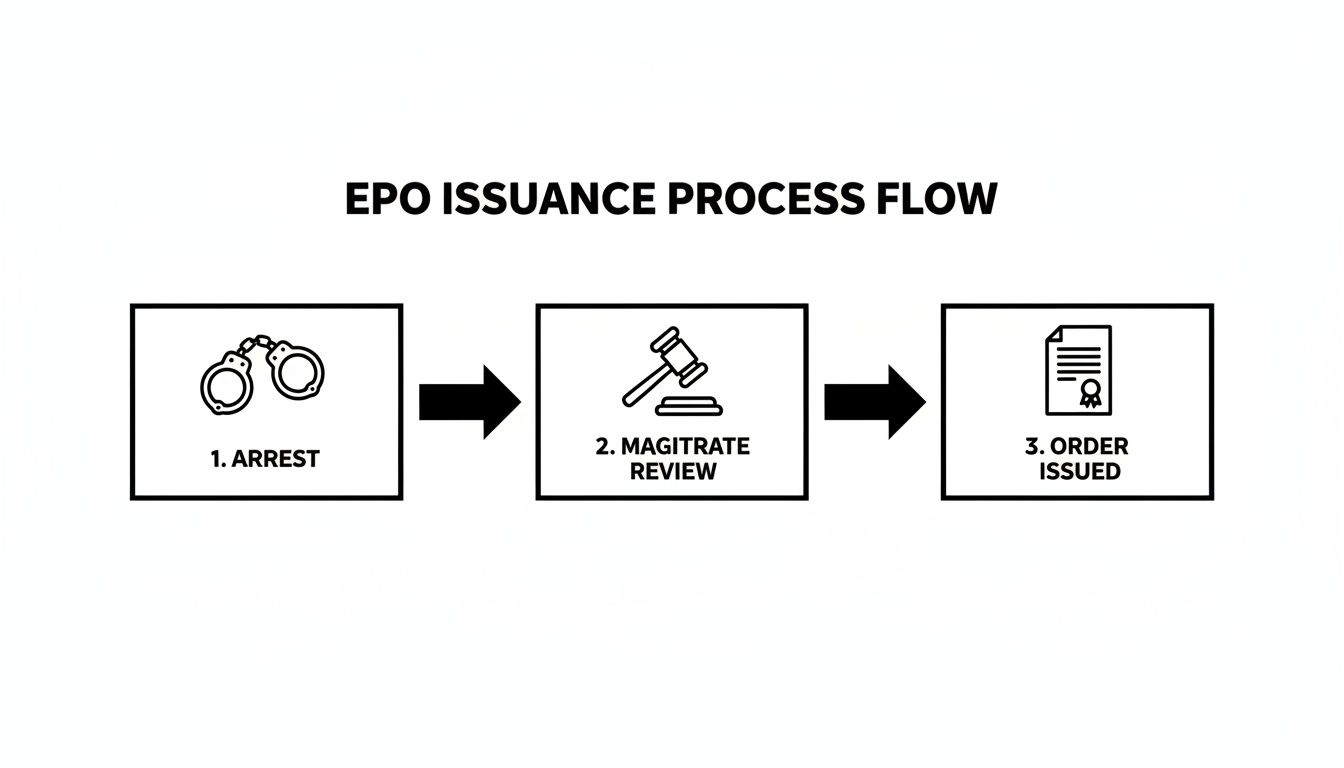 EPO issuance process flowchart illustrating three key steps: arrest with handcuffs, magistrate review with gavel, and order issued with document icon, relevant to emergency protective orders in Texas.