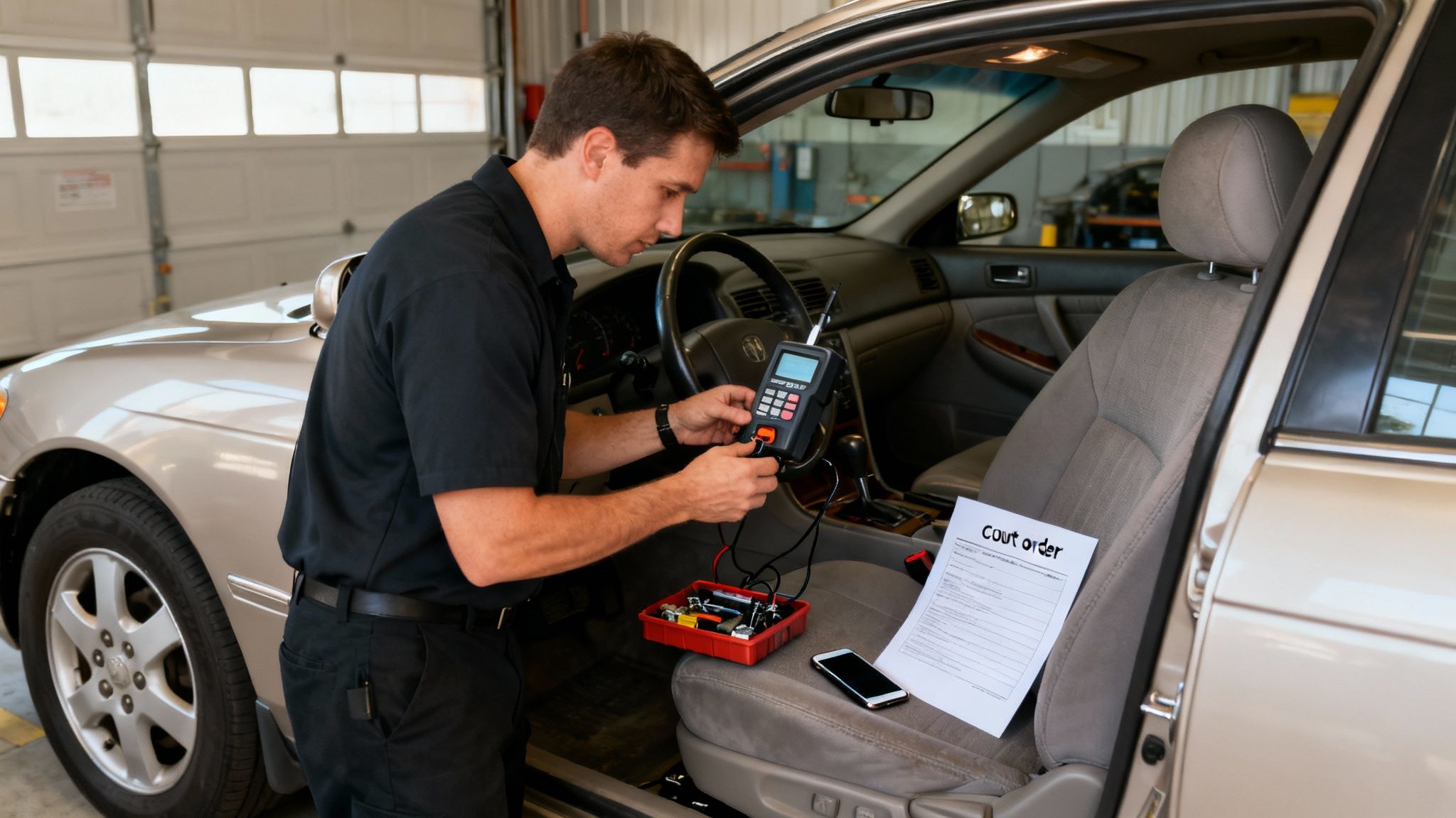 A technician installs an ignition interlock device in a car, with a 'Cout order' document on the seat.