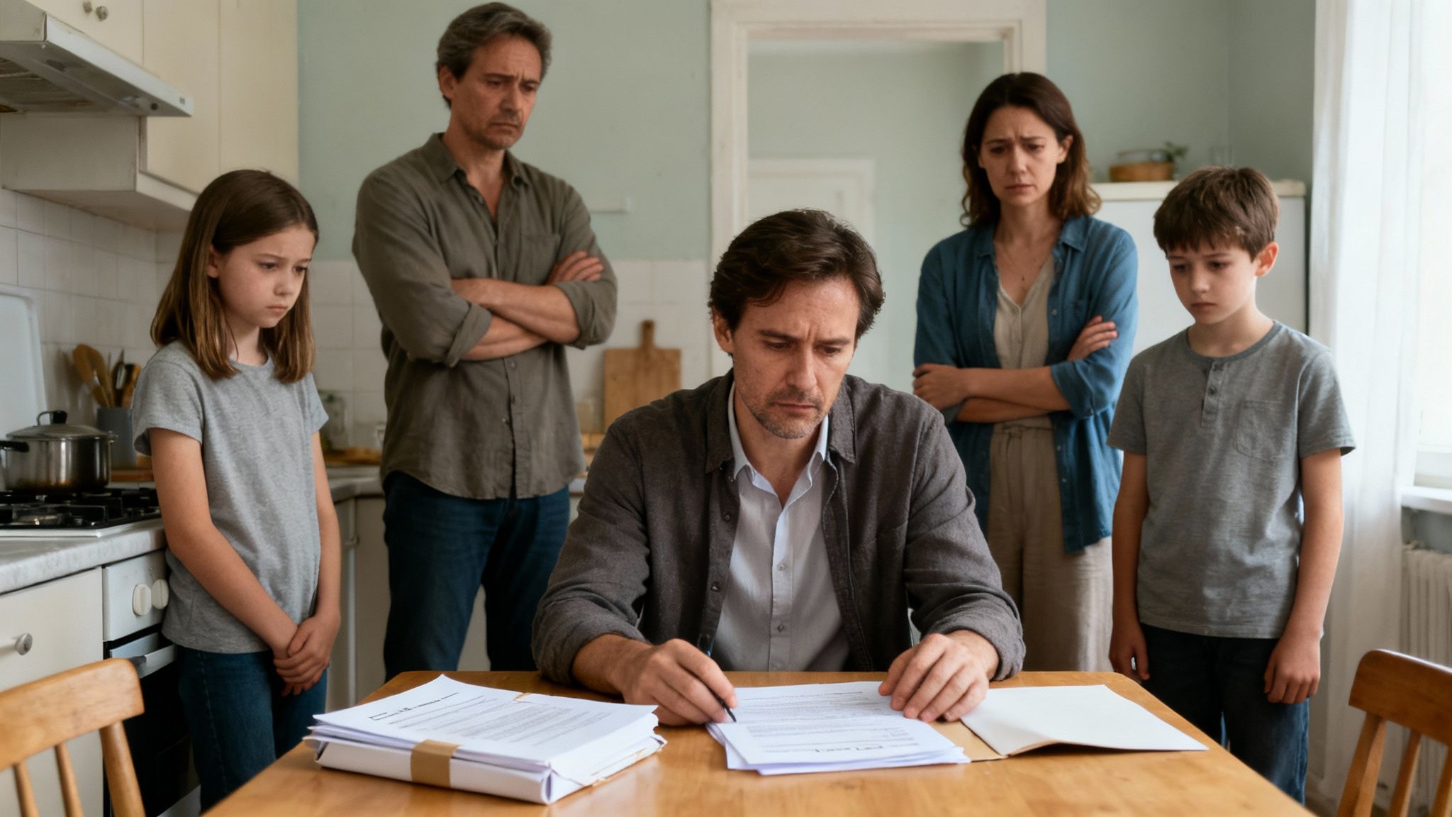 A somber family with two children watches a man sign legal documents at a kitchen table.