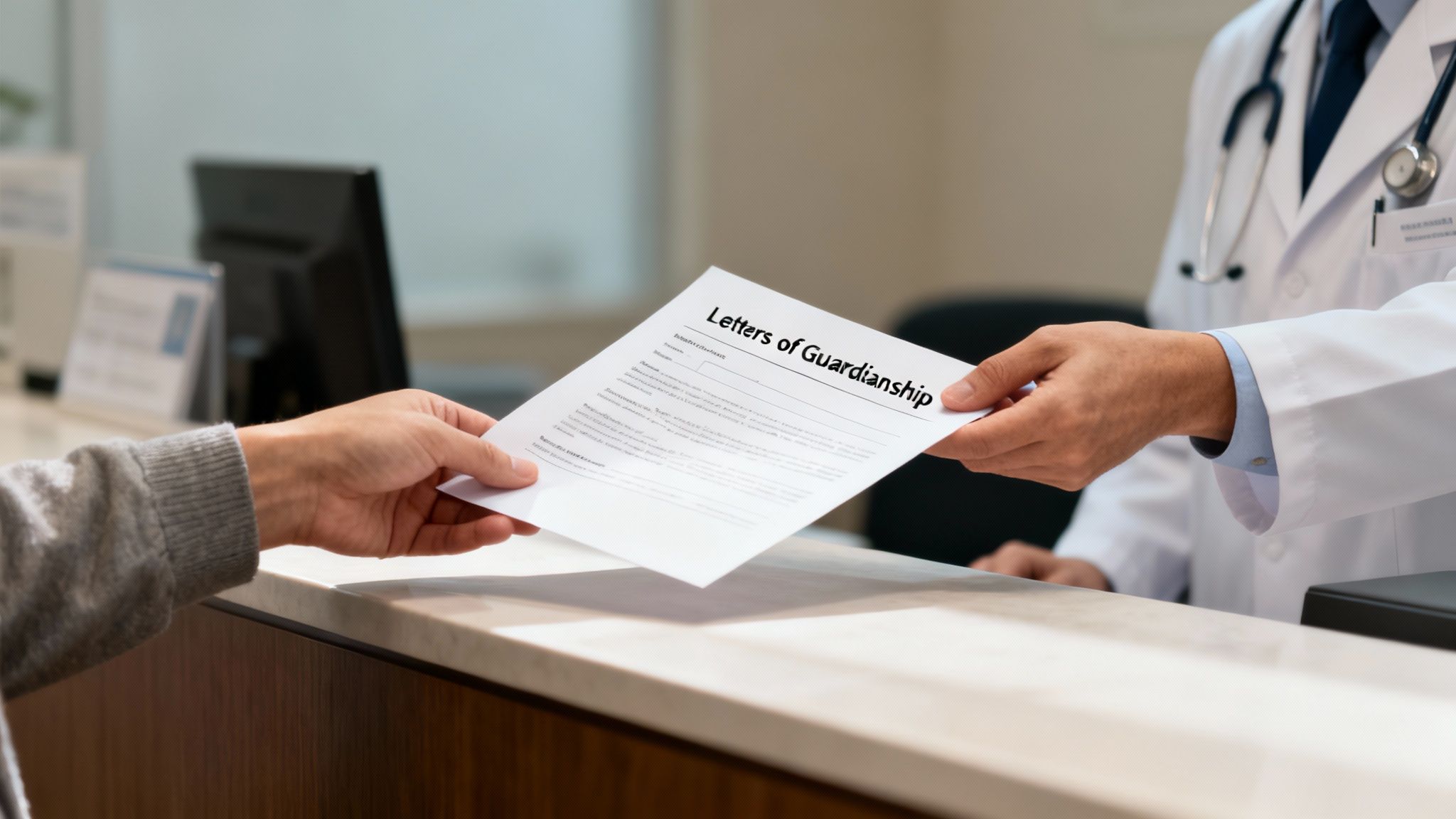A doctor hands a legal document titled 'Letters of Guardianship' to a person at a counter.