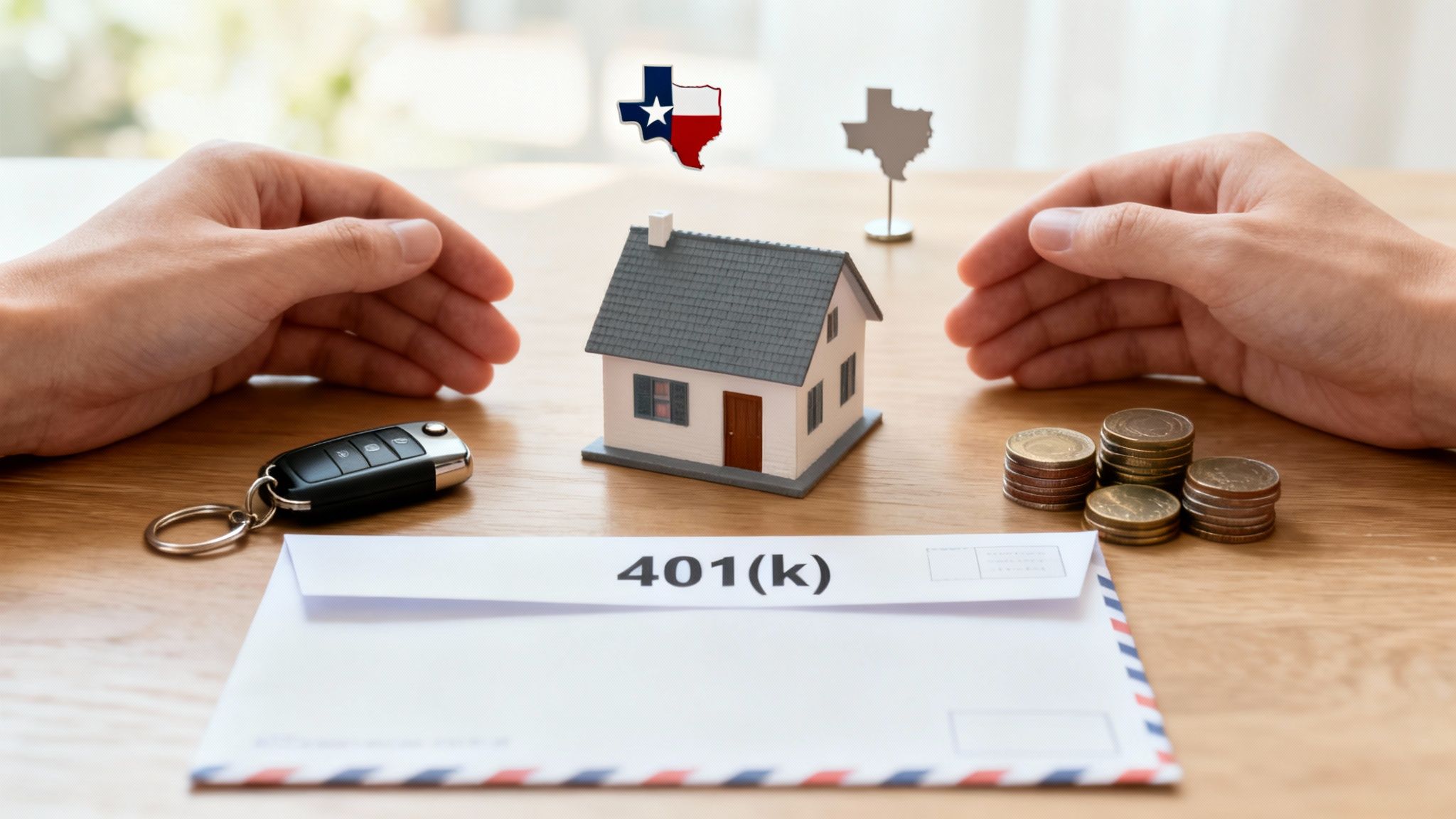 Manos protegiendo una casa miniatura, llaves, dinero y un 401(k) con mapas de Texas, representando la división de bienes.