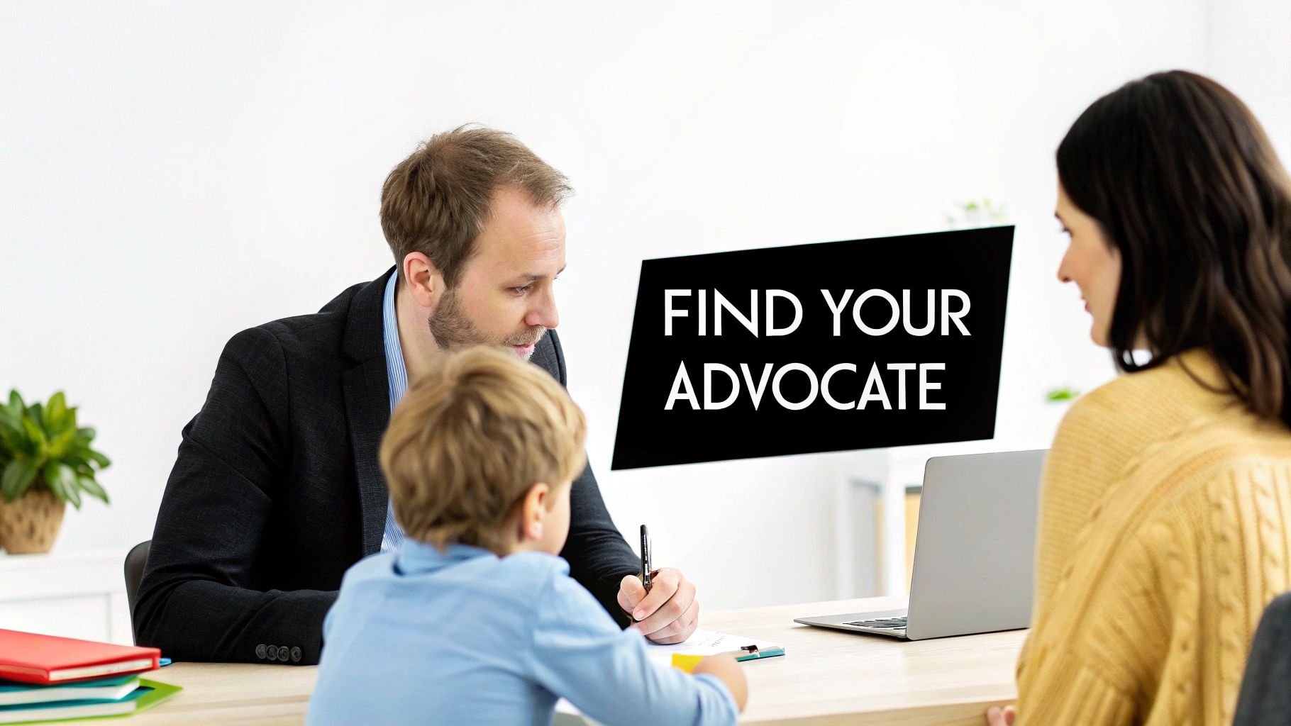 Family meeting with attorney discussing legal matters with find your advocate text displayed