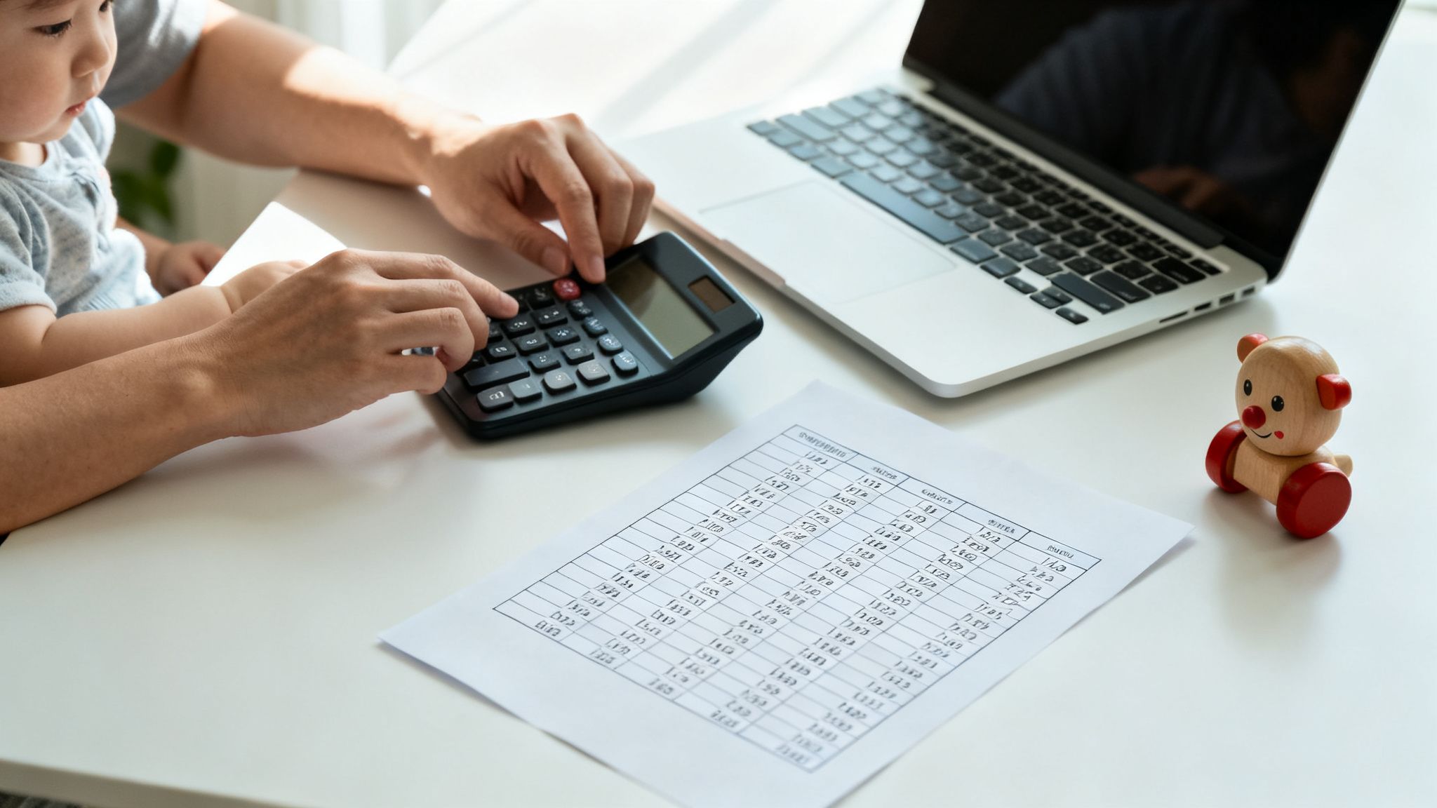 Adult and child hands using a calculator on a white desk with papers and a laptop.