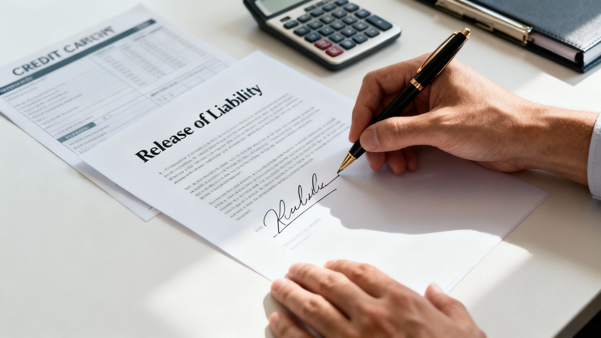 Close-up of a hand signing a 'Release of Liability' document on a desk with a calculator and other papers.