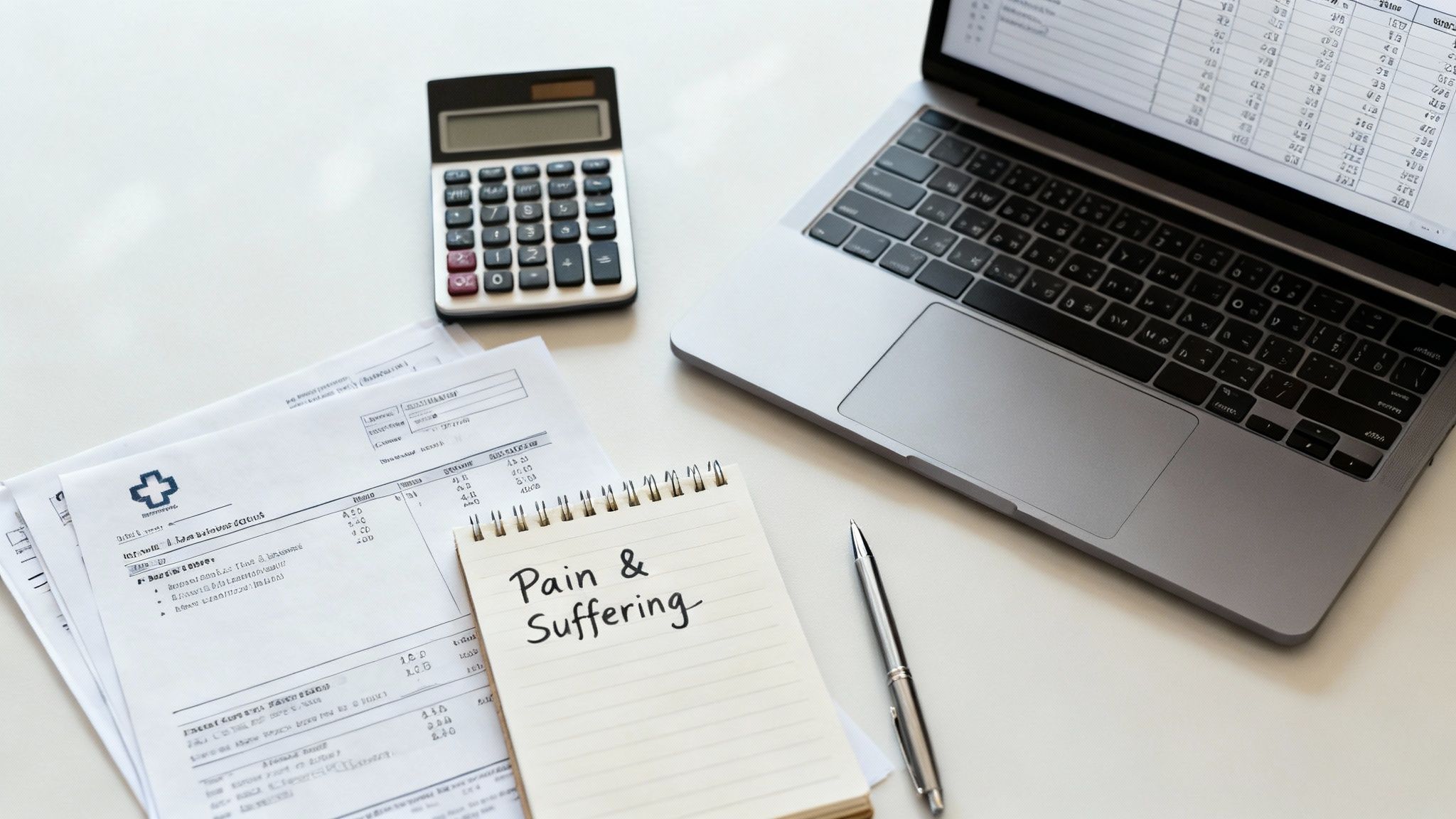A person sitting at a desk and reviewing documents and receipts related to their insurance claim.