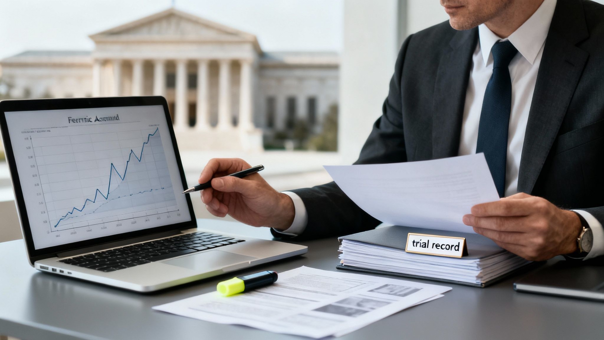 A lawyer reviews financial data on a laptop with 'trial record' documents at a desk, courthouse in background.
