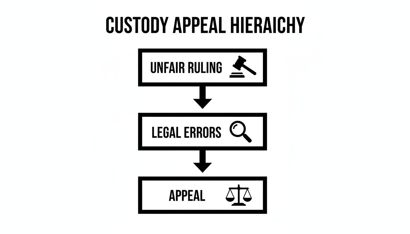 Flowchart illustrating the custody appeal hierarchy, from an unfair ruling to legal errors, leading to an appeal.