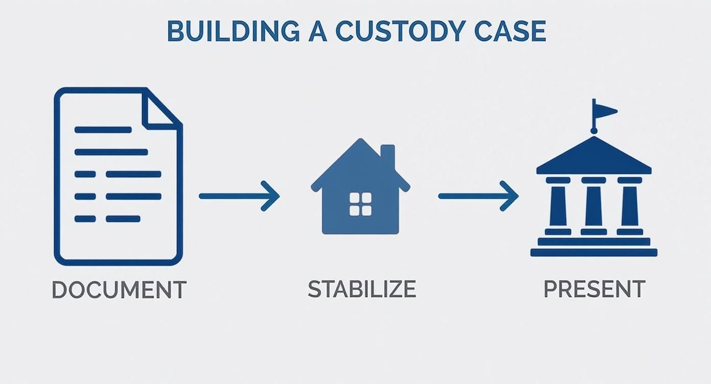 An infographic showing the process flow of a custody case with three steps: Document, Stabilize, and Present.