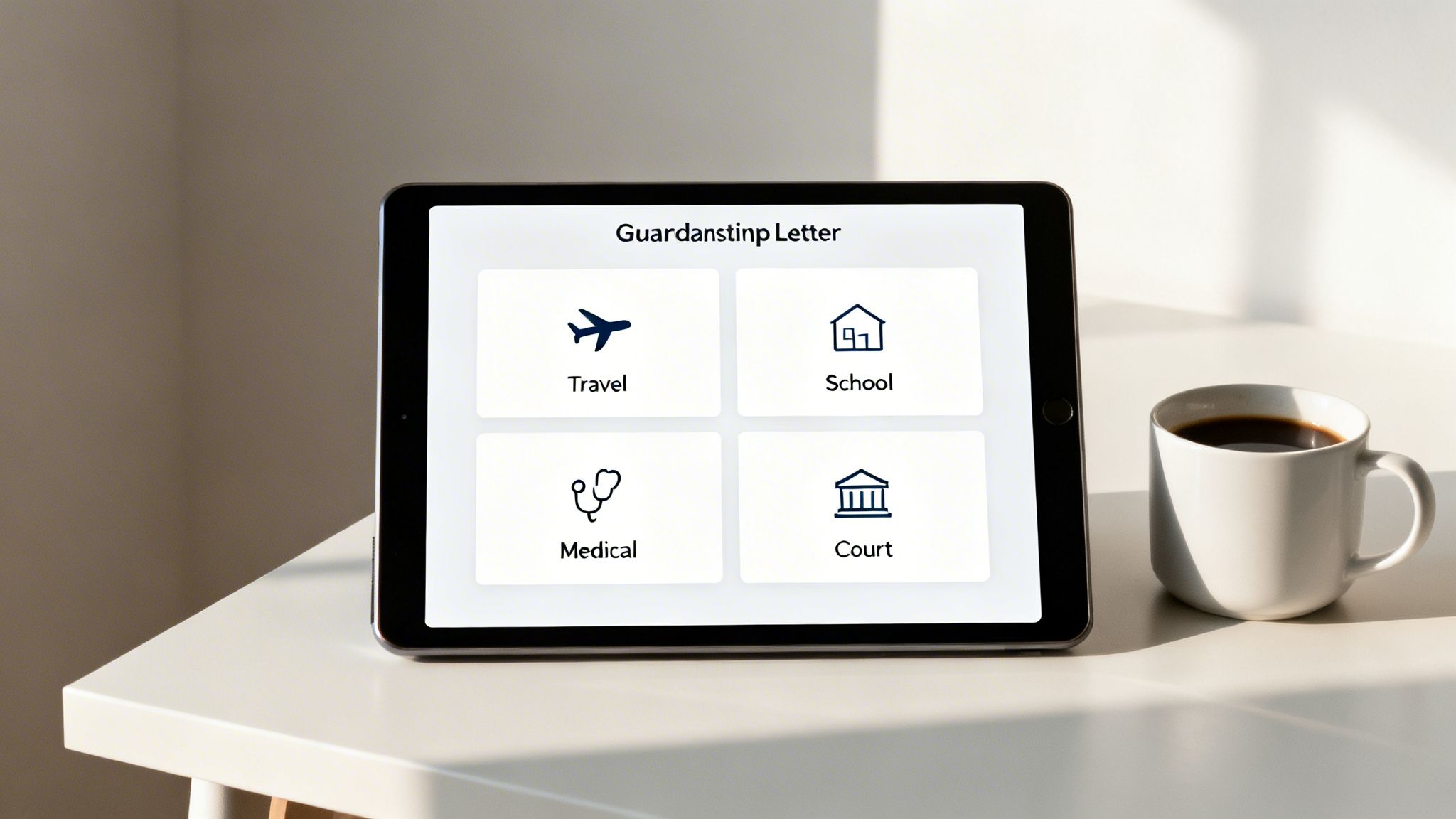 A tablet displays an app with guardianship letter options for travel, school, medical, and court.