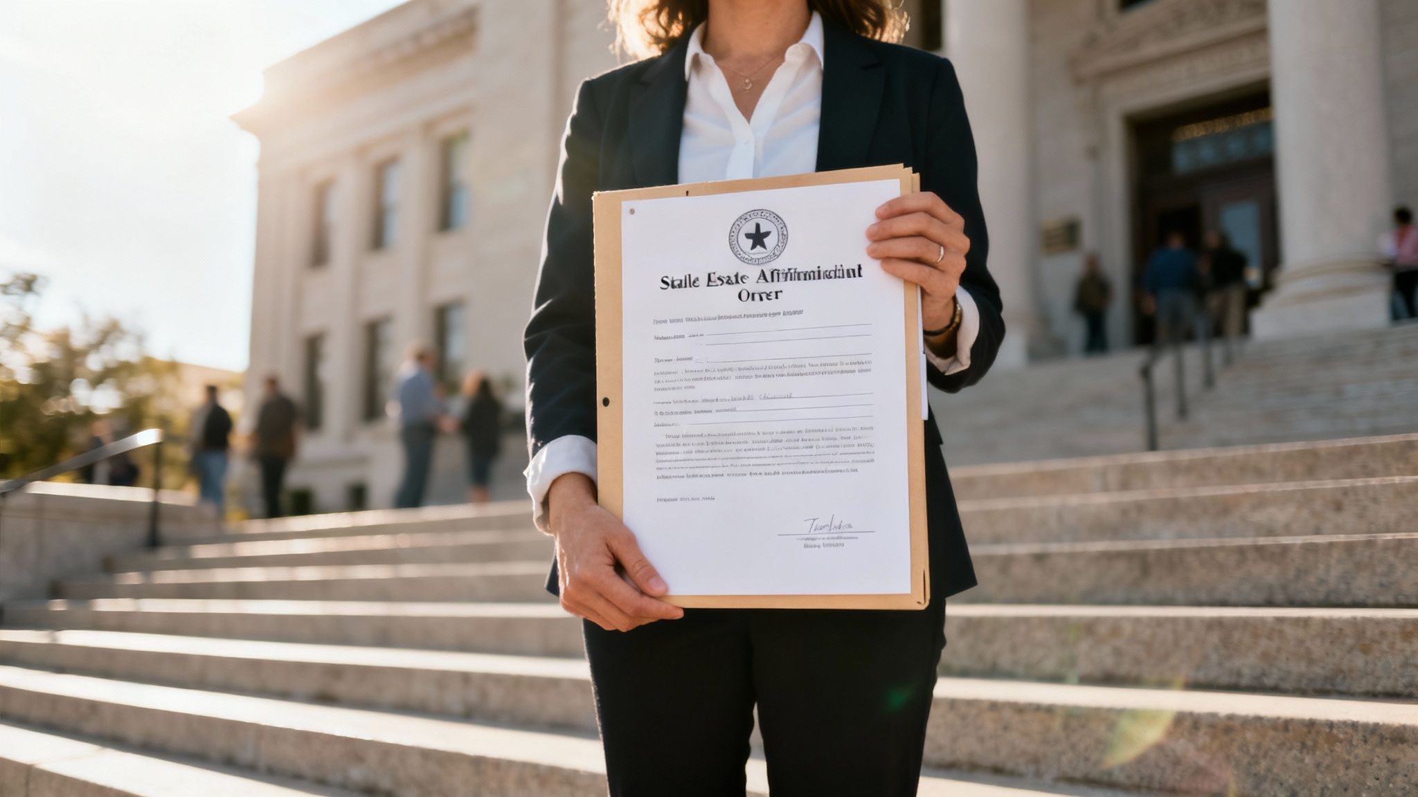 A person in a business suit holds a legal document titled 'Small Estate Affidavit Order' outside a courthouse.