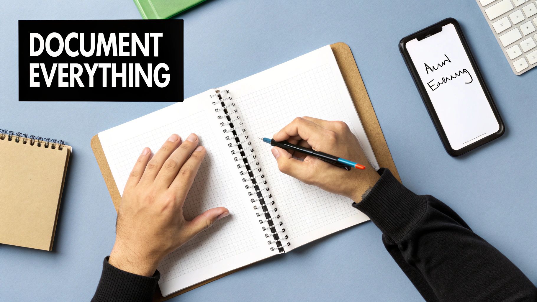 Overhead shot of hands writing in a spiral notebook, with a 'DOCUMENT EVERYTHING' sign and a phone.