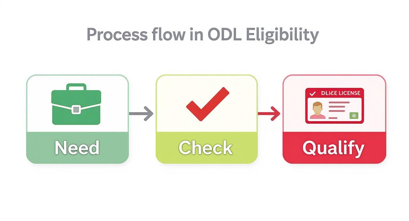 Infographic outlining the process for determining occupational driver license eligibility with icons for need, check, and qualify.