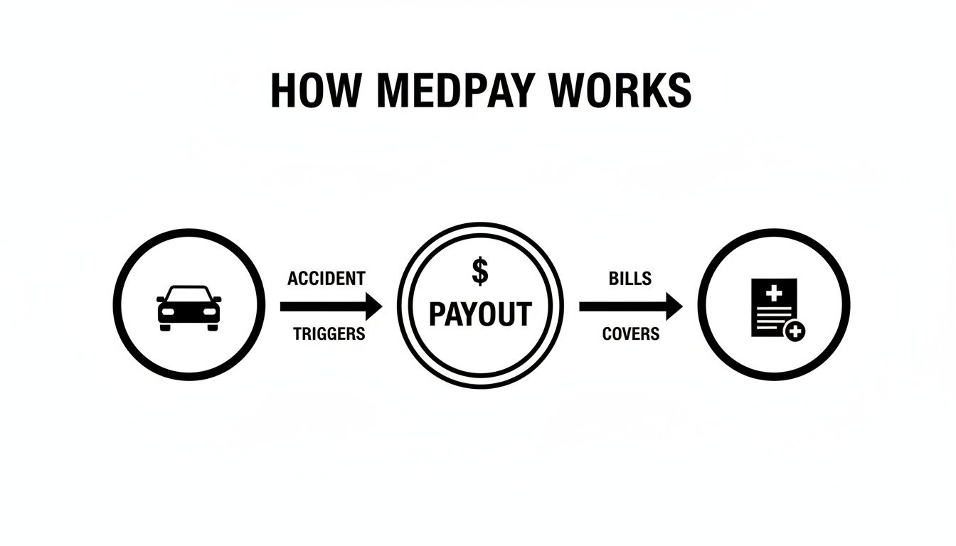 A diagram illustrates how MedPay works, showing a car icon, an accident triggering a payout, and covering medical bills.